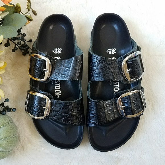 Birkenstock Shoes - Birkenstock Arizona Big Buckle Black Croc Embossed Sandals